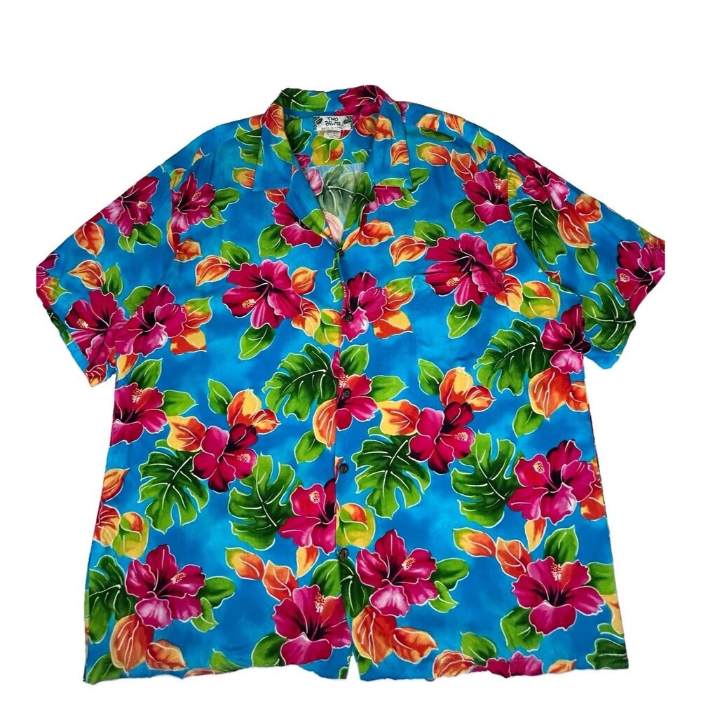 VTG Bright Blue Rayon Aloha shirt with Hibiscus by Two Palms Hawaii/100% Rayon